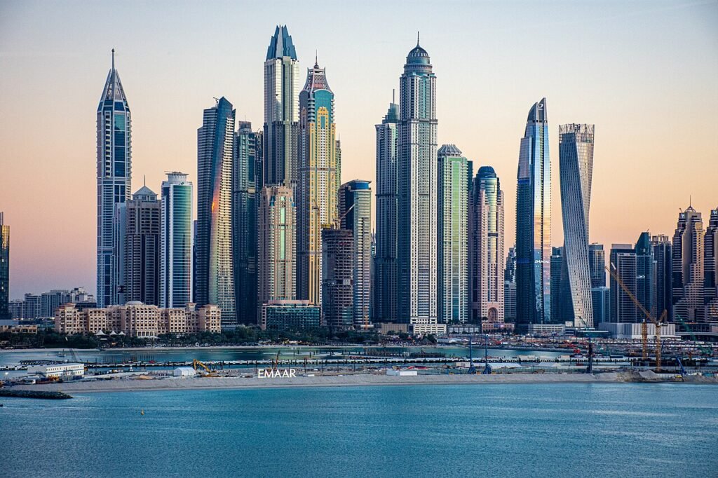 Dubai Marina skyline in daylight with modern high-rise towers