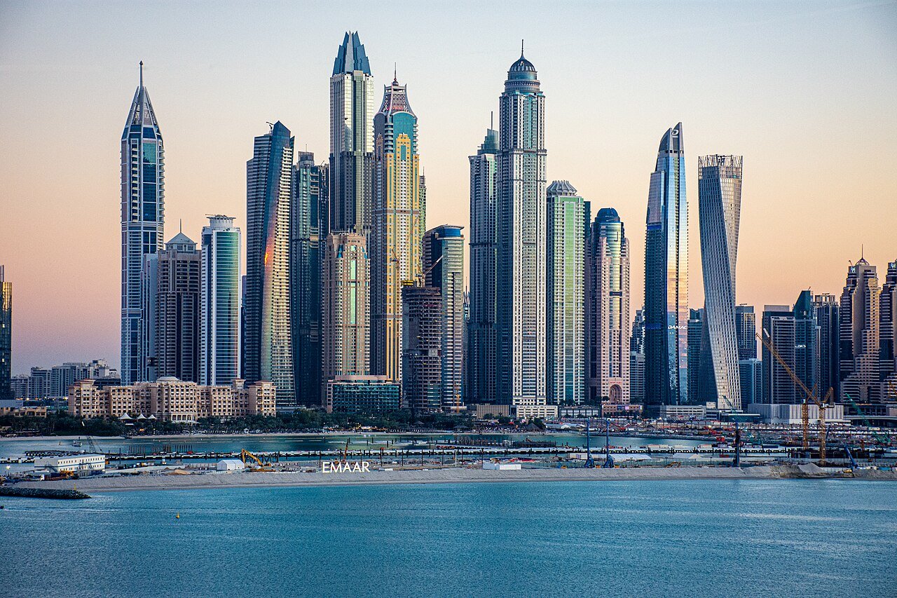 Dubai Marina skyline in daylight with modern high-rise towers