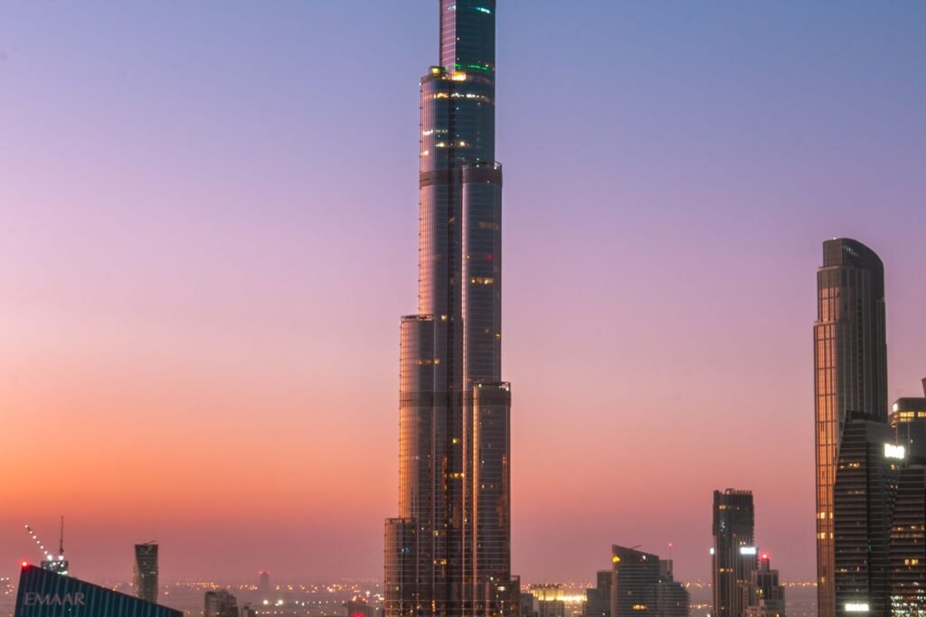 Dubai skyline at sunrise featuring the Burj Khalifa